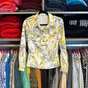 Prada 100% silk white/yellow floral print long sleeve button down shirt size S
